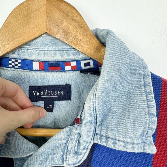 VTG 90s Van Heusen Polo Denim Collared Striped Shirt Chandler Matthew Perry - Picture 3 of 3